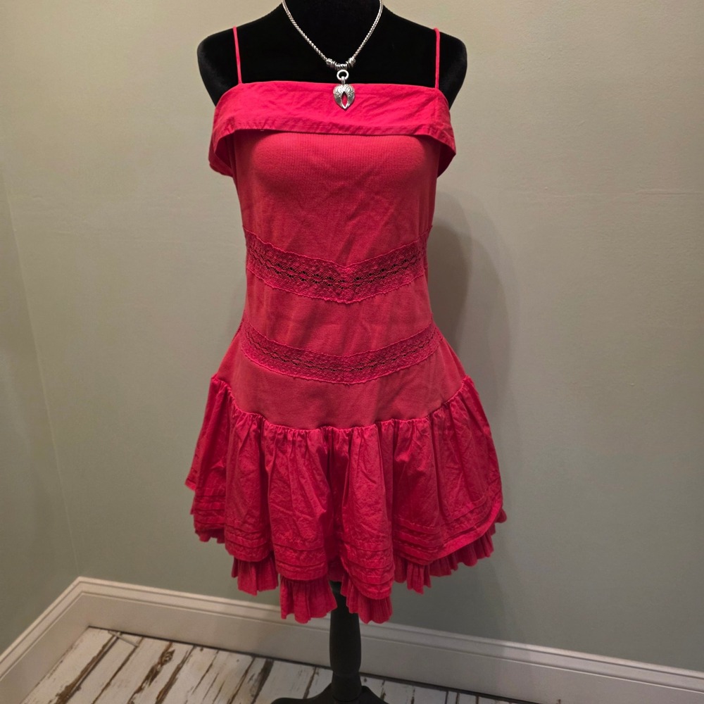 Free People Pink Ribbed Lace Ruffle Tiered Mini Dress Large H788